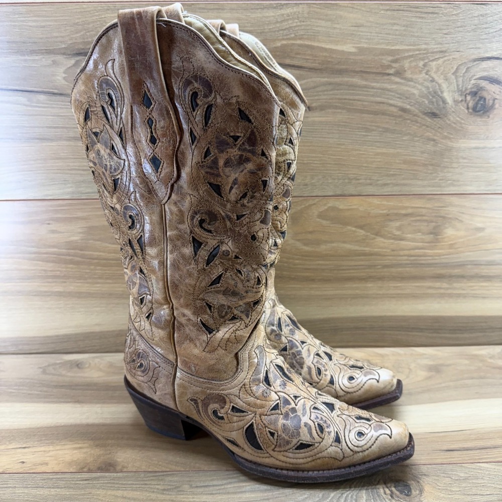 Corral Antique Saddle Brushed Laser Cowgirl Boots 8 M Tan Brown Snip Toe Rodeo